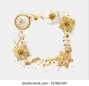 Design Christmas frame with element decorations. Glitter gold objects for composition. Celebration Xmas ornament, vector golden decor