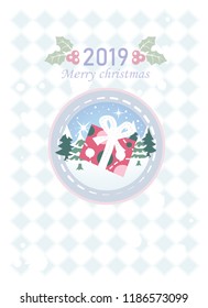 Design Christmas gift and picture in a circle on a modern background with 2019 greeting.