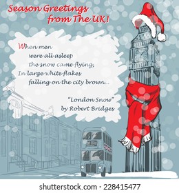 Design of the Christmas greeting card with Big Ben in a red scarf and hat and with a lyrics of "London Snow" poem by Robert Bridges. EPS 8 vector illustration.