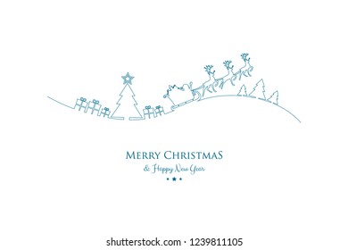 Design of Christmas greeting card with with cartoon Santa Claus and reindeers. Vector.