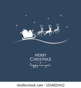 Design of Christmas greeting card with with cartoon Santa Claus and reindeers. Vector.