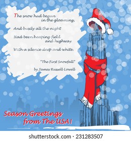 Design of the Christmas greeting card with the Empire State Building in a red scarf and hat and with a citation from "The first Snowfall" by J.R. Lowell.  EPS 8 vector illustration.