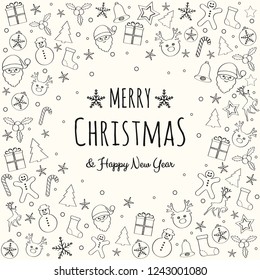 Design of Christmas greeting card with with hand drawn decorations. Vector.