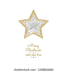 Design of Christmas greeting card with with hand drawn star. Vector.