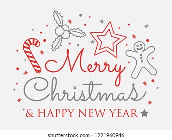 Design of Christmas greeting card with ornaments. Vector.