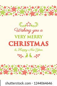Design of Christmas greeting card with vinatge ornaments. Vector.