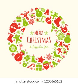 Design of Christmas greeting card with with wreath and decorations. Vector.