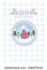 Design Christmas hat and picture in a circle on a modern background with 2019 greeting.