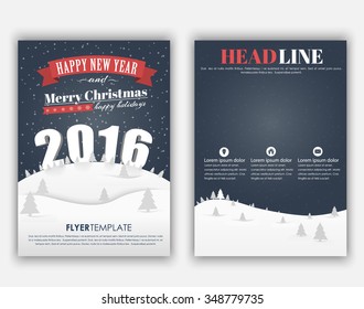 Design Christmas and New Year flyer with a landscape of mountains, night sky and snow with Christmas trees. At the top of the mountain is the 3D text 2016. Vector illustration