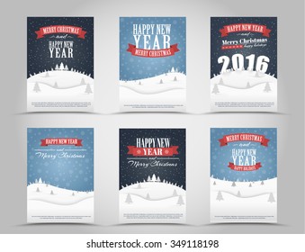 Design Christmas and New Year flyer (brochure, poster) with a landscape of mountains, sky and snow with Christmas trees, 3D text of 2016; ribbons. Vector illustration. Set