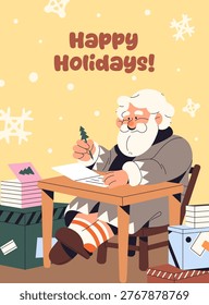 Design of Christmas postcard. Template of Xmas greeting card. Layout with Santa Claus sitting among New Years gifts, writing, answering kids letters at winter holidays. Flat vector illustration