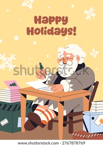 Design of Christmas postcard. Template of Xmas greeting card. Layout with Santa Claus sitting among New Years gifts, writing, answering kids letters at winter holidays. Flat vector illustration