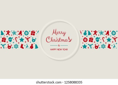 Design of Christmas postcard with wishes and hand drawn ornaments. Vector.