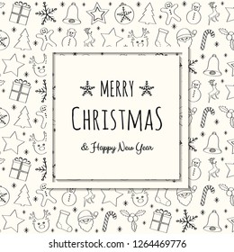Design of Christmas postcard with wishes and hand drawn ornaments. Vector.