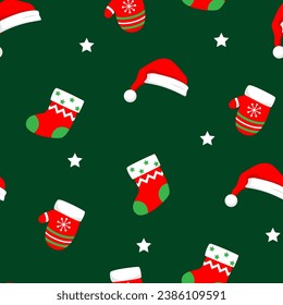 design christmas seamless pattern with design santa's hat, sock and glove on green background suitable for gift wrap, cover book, background and others