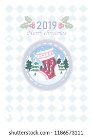 Design Christmas socks and picture in a circle on a modern background with 2019 greeting.