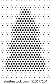 Design a Christmas tree in black and white colors. Abstract dotted background. Halftone effect vector illustration. Black Jewish stars on white background. Star of David illustration.