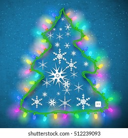 Design of christmas tree from colorful light garland with white snowflakes on blue textured background vector illustration