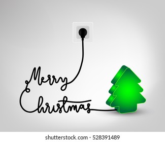 Design of Christmas tree light bulb with Merry Christmas wire plug for greeting card, poster, banner to celebrate new year season in vector illustration