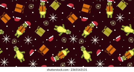 Design Christmas Wrapping paper with Dragon, gift box and snowflakes. Seamless pattern with Zodiac symbol of Chinese New Year. Ornament with Draco. Vector illustration