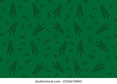 Design of Christmas Wrapping Paper with fir on green background. Endles ornament with Spruce. Monochrome seamless pattern with pine. Hand drawn xmas tree backdrop. Vector illustration.