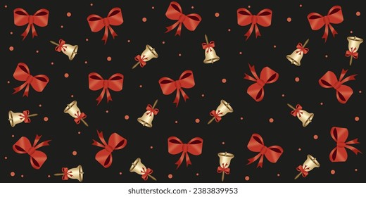Design Christmas Wrapping paper with Christmas red bow and golden bell. Gift box wrap isolated on black background. Xmas seamless pattern with red ribbon. Vector illustration.
