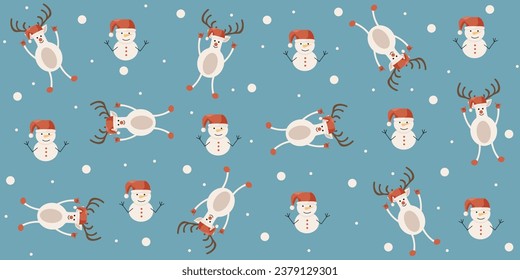 Design Christmas wrapping paper with snowman and reindeer in Retro Groovy style. Xmas wrapper with Christmas cartoon Character. Template textile, t-shirt, wallpaper print. Vector illustration.