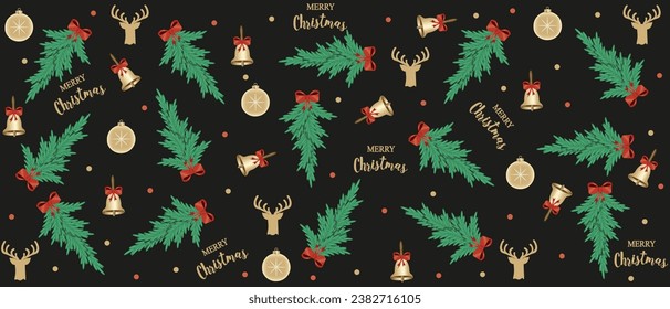 Diseñar papel de envolvimiento navideño con rama de árbol de Navidad, reno, bola de navidad y campana. Ajuste de caja de regalo aislado en fondo negro. Patrón sin fisuras de Navidad. Ilustración vectorial.