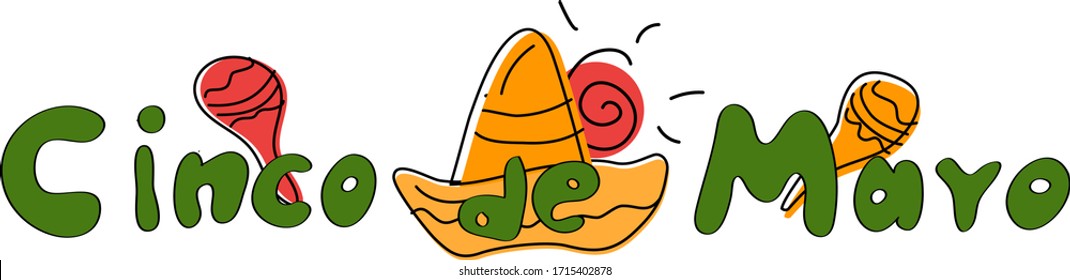 The design of the Cinco de Mayo logo with the lettering, sombrero and maracas  and sun are symbols of the holiday. Isolated on a white background. Vector illustration.