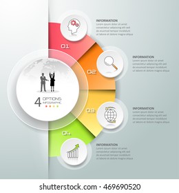 Design círculo infográfico 4 opções, conceito de negócios modelo infográfico pode ser usado para layout de fluxo de trabalho, diagrama, opções de número, linha do tempo ou projeto marcos.