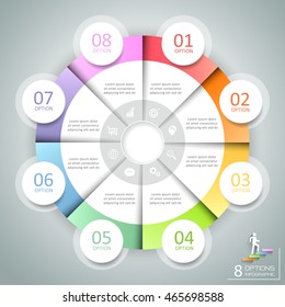 Design circle infographic 8 options,  Business concept infographic template can be used for workflow layout, diagram, number options, timeline or milestones project.
