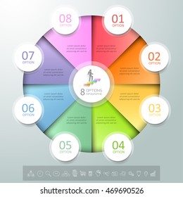 Design circle infographic 8 options,  Business concept infographic template can be used for workflow layout, diagram, number options, timeline or milestones project.