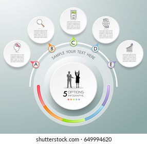 Design circle infographic template 5 options. can be used for workflow layout, diagram, number options, timeline, steps, demo infographic