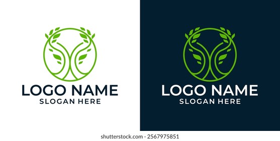 Design a circle tree logo icon template. Symbol of the natural line of round garden plants. Green branch business sign with leaves. Vector illustration.