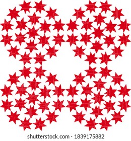 Design of circles from red stars on a white background, textured. Festive background or postcard.
