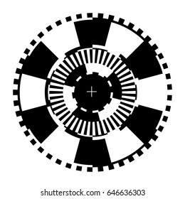 Design of circular object. Round optical illusion with striped lines, squares, bars. Black white isolated decorative circle, hypnotic background. Graphic decoration for gambling, fortune game, casino.