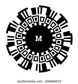 Design of circular object. Round optical illusion with striped lines, squares, bars. Black white isolated decorative circle, hypnotic background. Graphic decoration for gambling, fortune game, casino.