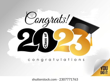 Design Class of 2023 for graduation gold design. Congratulation event, T-shirt, web site, party, high school or college graduate. Vector illustration. Lettering for greeting, invitation card. Symbols.