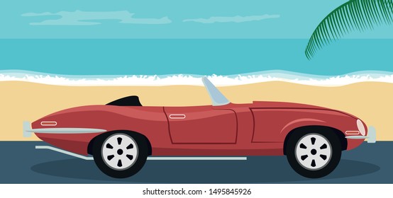 Design of a classic car on the beach in summer