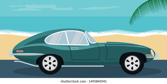 Design of a classic car on the beach in summer