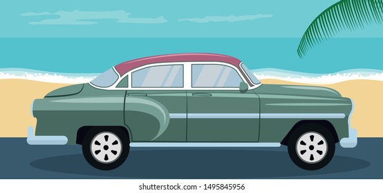 Design of a classic car on the beach in summer