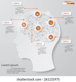 Design clean human head and brain template/graphic or website layout. Vector. 5 Steps Chart Diagram.