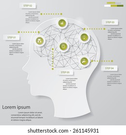 Design clean human head and brain template/graphic or website layout. Vector. 5 Steps Chart Diagram.