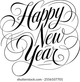"Design a clean and minimalist vector illustration for 'Happy New Year 2025' with a white background. Use bold black silhouettes of a modern city skyline at the bottom, accented with sleek geometric s