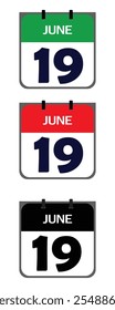 Design a clean, minimalistic icon representing 19th June in vector illustrator for marketing purposes on event posters, appointment cards, or digital platforms like social media.