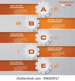Design clean number banners with 3d gear shapes template/graphic or website layout. 5 steps chart . Vector.