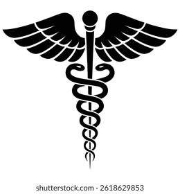 Design a clean, professional representation of the Caduceus symbol, featuring a staff with two serpents entwined around it and a pair of wings at the top. 