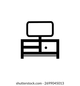 The design is clean and simple flat line icon depicting a tv stand or entertainment unit with a television on top.