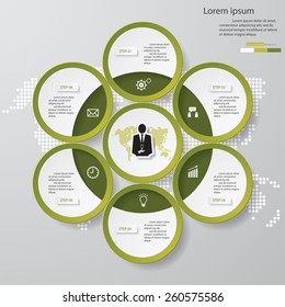 Design clean template/graphic or website layout. 6 steps in the circle shape layout.