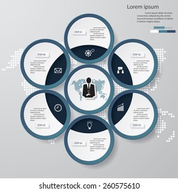 Design clean template/graphic or website layout. 6 steps in the circle shape layout.